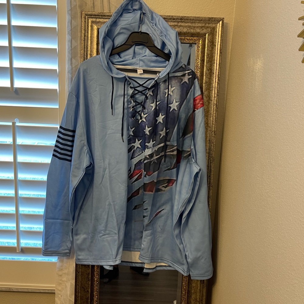 Men's Long Sleeve Pullover Hoodie Sweatshirt, light blue with national flag